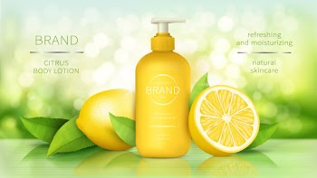 Body lotion with lemon, skin care cosmetics realistic ads poster dispenser bottle with organic moisturizer Free Vector