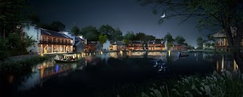 Body of Water Near Lighted Houses