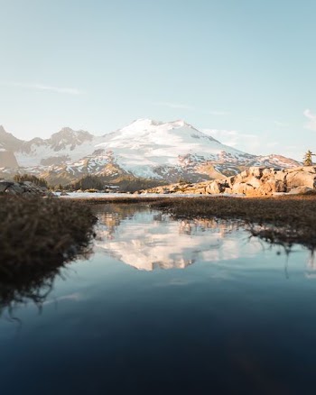 body of water near snow mountain