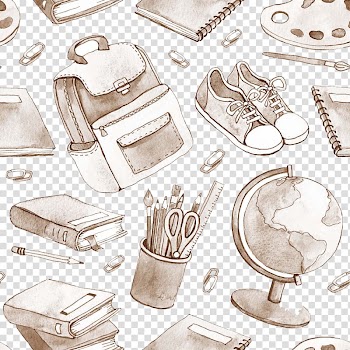 Book, deskglobe, backpack, shoes, notebook, and paint board , School Illustration, Color painting school supplies transparent background PNG clipart