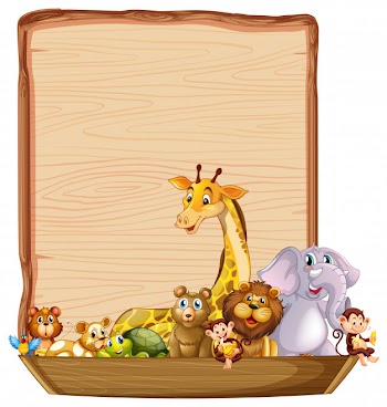 Border template with cute animals on wooden boat Free Vector