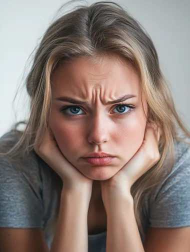 Bored woman in a realistic headshot expressing unhappiness indoors Bored woman in a realistic headshot expressing unhappiness indoors