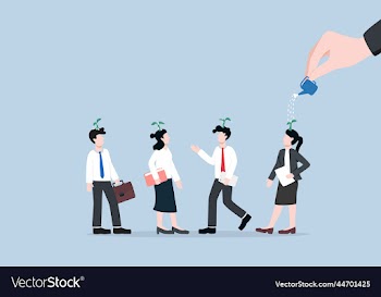 boss hand watering young plants on employee heads