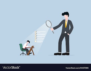 boss use magnifying glass to evaluate employee