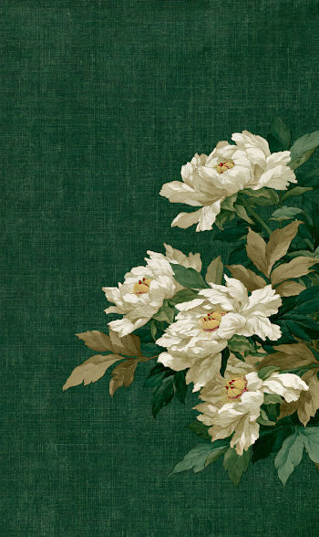 Botanical Artwork of White Peonies on Dark Green Texture