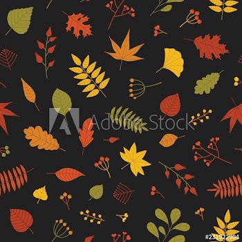 Botanical seamless pattern with autumn tree leaves and sprigs with berries on black background