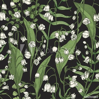 Botanical seamless pattern with beautiful blooming Lily of the valley flowers on black background
