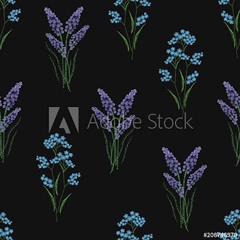 Botanical seamless pattern with embroidered blooming lavender and forget-me-not flowers on black background