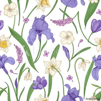 Botanical seamless pattern with seasonal blooming flowers on white background