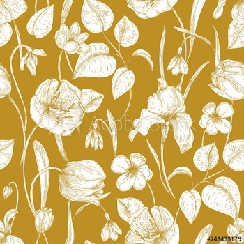 Botanical seamless pattern with spring blooming garden flowers hand drawn with contour lines on yellow background