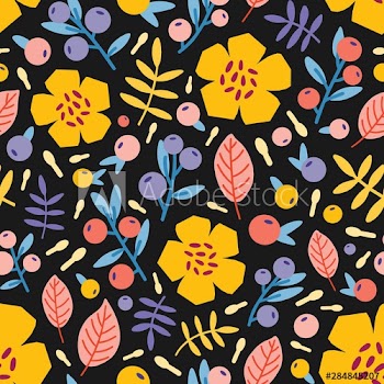Botanical seamless pattern with summer blooming flowers, berries and leaves on black background