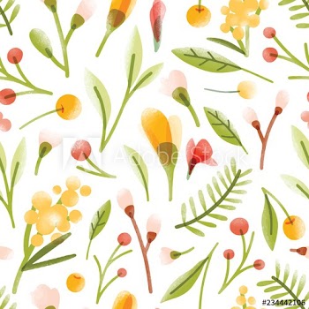 Botanical seamless pattern with translucent blooming summer flowers, berries, leaves scattered on white background
