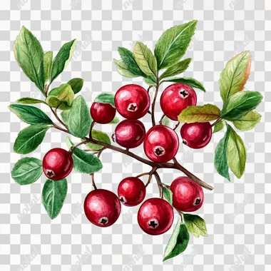 Botanical Watercolor: Abundant Cranberries and Lush Green Leaves