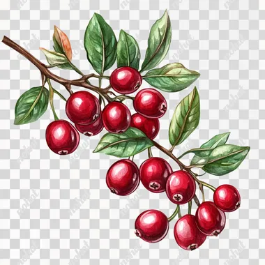Botanical Watercolor: Cranberries on Branch with Fresh Leaves
