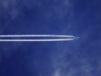 Bottom View of Plane With Contrail