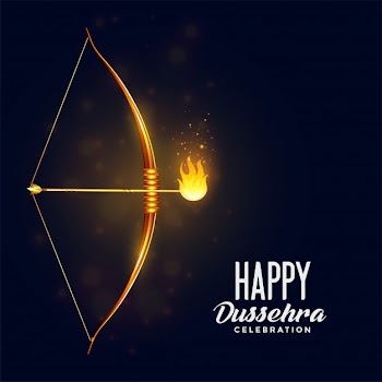 Bow and burning arrow happy dussehra festival card Free Vector