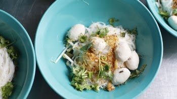 Bowl of Glass Noodles, Herbs, and Dumplings