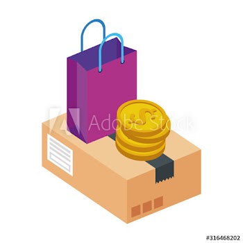 box package with bag shopping and coins design