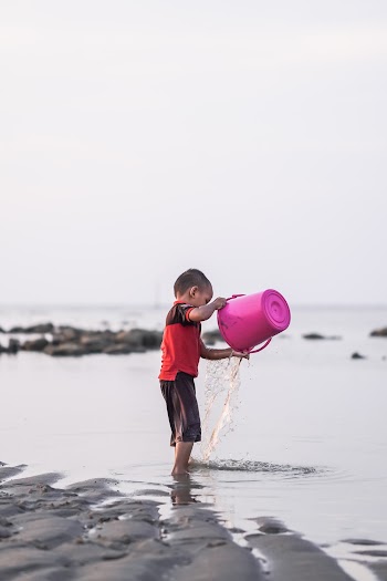 Boy Holding Pink Bucket on Shoreline