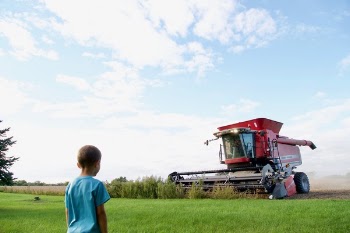 Boy Nears Red Harvester Machine