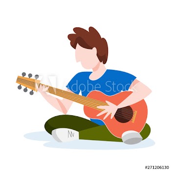 Boy sitting and playing acoustic guitar