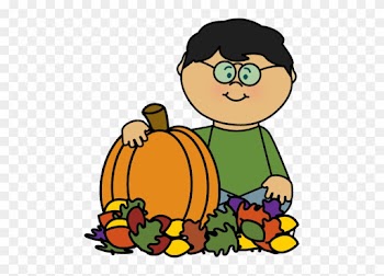 Boy Sitting In Leaves With Pumpkin Clip Art - Fall Kids Clipart