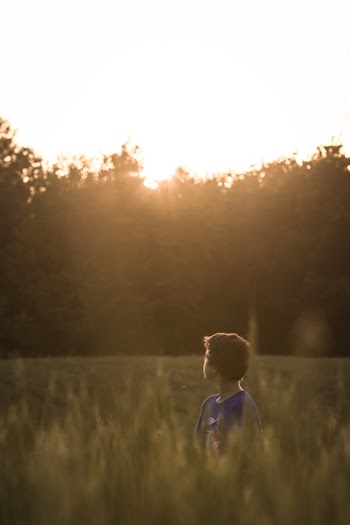 Boy Standing on Grass Field While Looking at the Horizon
