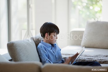 Boy using digital tablet on sofa