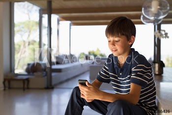 Boy using smart phone at home