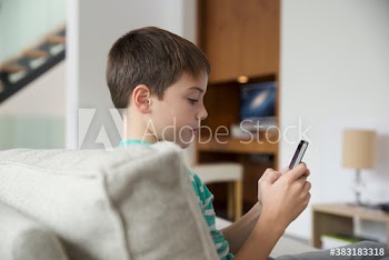 Boy using smart phone on sofa