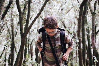 Boy Wearing Brown and Grey Striped Shirt Carrying Black Backpack While Walking Near Forest Trees