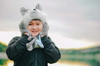 Boy Wearing Gray Dog Critter Hat