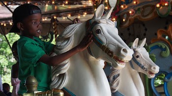 Boy Wearing Green Polo Shirt Riding Carousel