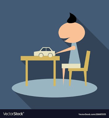 Boy with long chubby playing car on the table boy vector image