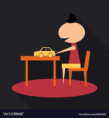 Boy with long chubby playing car on the table boy vector image