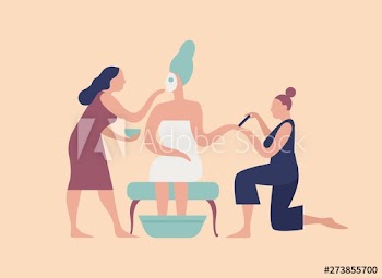 Braid with facial mask on face and pair of assistants making manicure and pedicure
