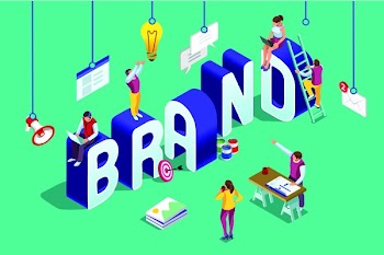 Brand vector text with employers working on branding design. Flat Isometric people illustration isolated on blue background. Can use for web banner, infographics, hero images.