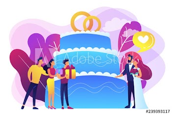 Bride and groom at wedding party and guests with gifts at big cake