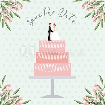 bride and groom dolls in wedding cake save the date card