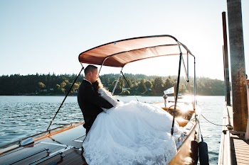 Bride and Groom Riding Powerboat