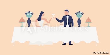 Bride and groom sitting at wedding feast table, clinking glasses and drinking champagne
