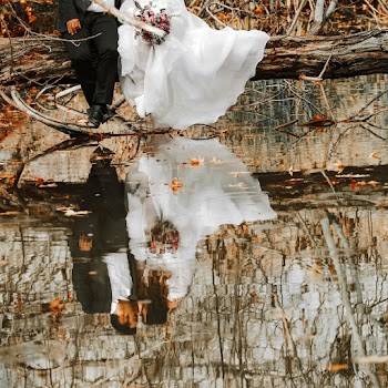Bride and Groom Sitting on Fallen Tree Above Body of Water