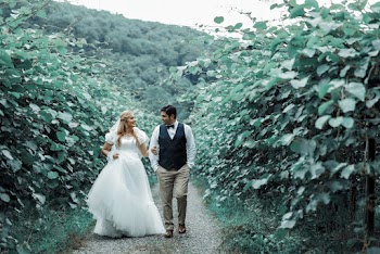 Bride and Groom Walking on a Pathway Between Plants