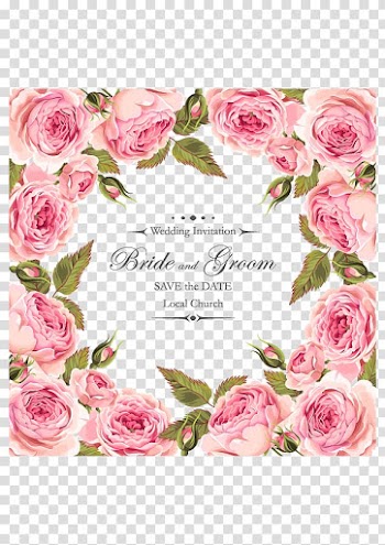 Bride and Groom with roses digital art, pink flower invitation transparent background PNG clipart