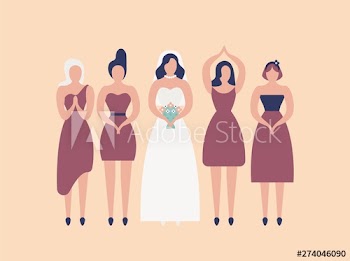 Bride in elegant white gown and bridesmaids isolated on light background