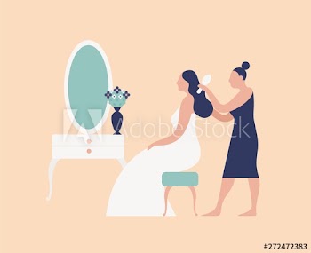 Bridesmaid, hairdresser or stylist combing bride's hair and making hairstyle