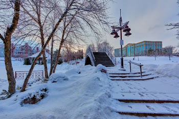 Bridge Near Light Post With Snow and Building at Distance