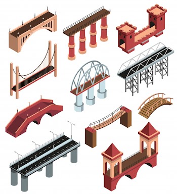 Bridges details isometric elements collection with modern metallic constructions ancient wooden stone viaducts spans isolated vector illustration Free Vector