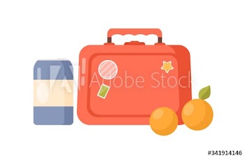 Bright cartoon childish lunch box storage case and bottle vector flat illustration
