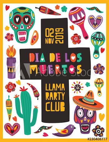 Bright colored poster template decorated by Mexican skulls, candles, peppers, maracas, sombrero and cross